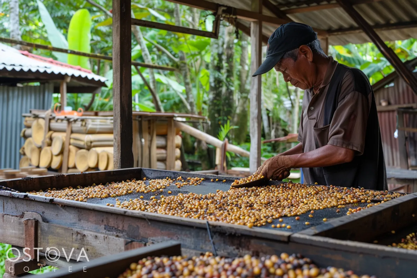 An elderly farmer demonstrating traditional hand-pulping methods, using simple tools against a backdrop of a historic Indonesian village