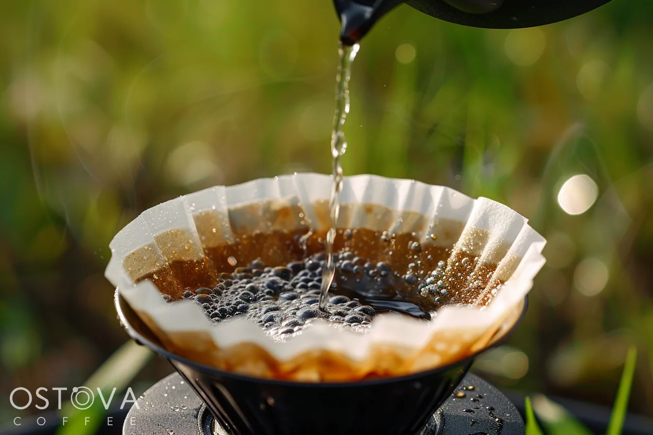 Hot water being poured over coffee grounds, causing them to bloom.