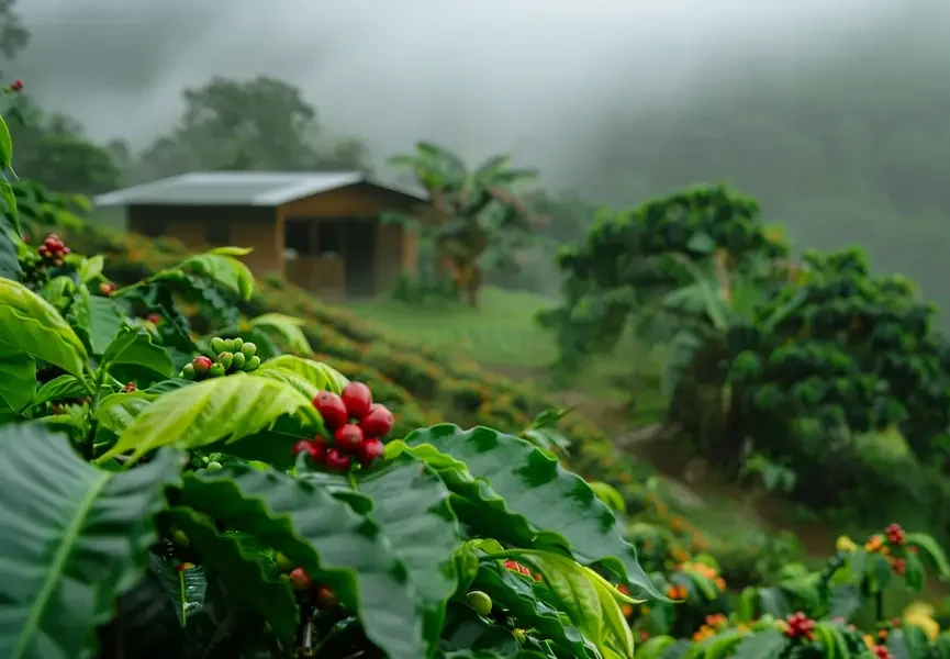 a coffee plantation with a house in the background