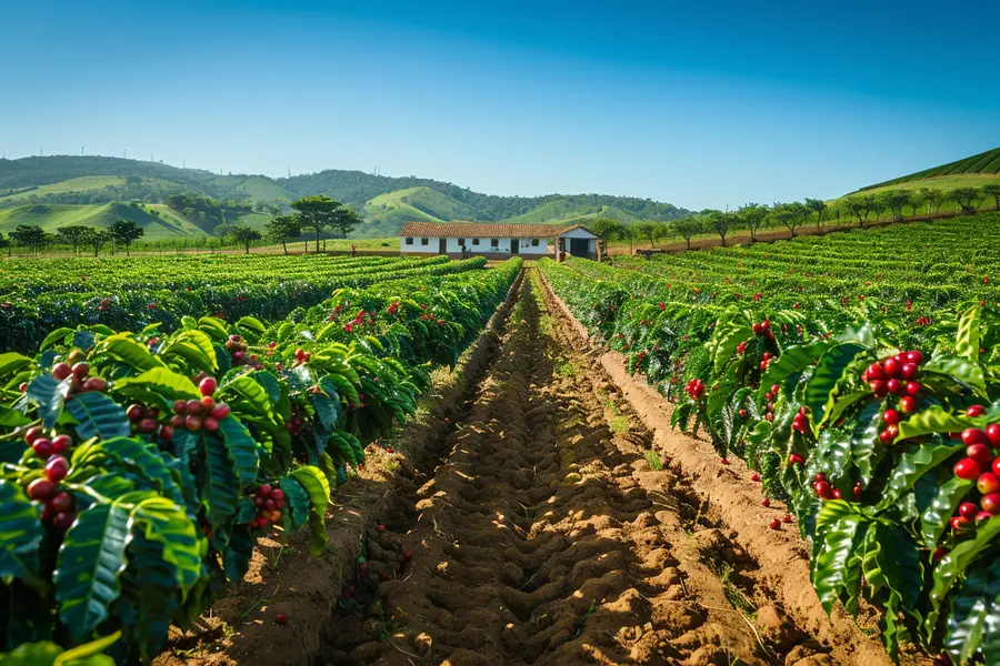 a farm with rows of coffee plants
