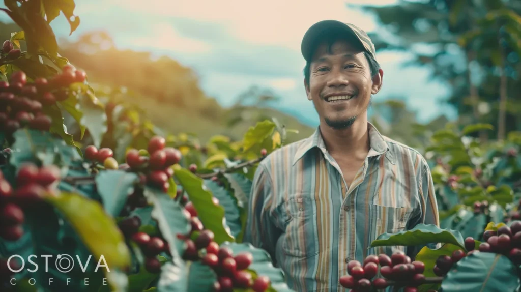 A smiling coffee farmer in a striped shirt stands among coffee plants with ripe coffee cherries, under a cloudy sky.