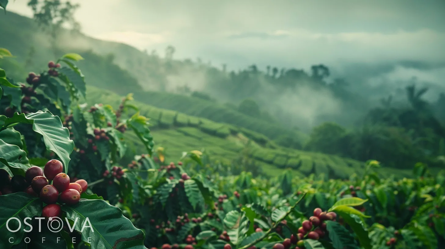 anoramic view of a coffee farm landscape with coffee plants bearing ripe and unripe coffee cherries, misty mountains in the background under an overcast sky