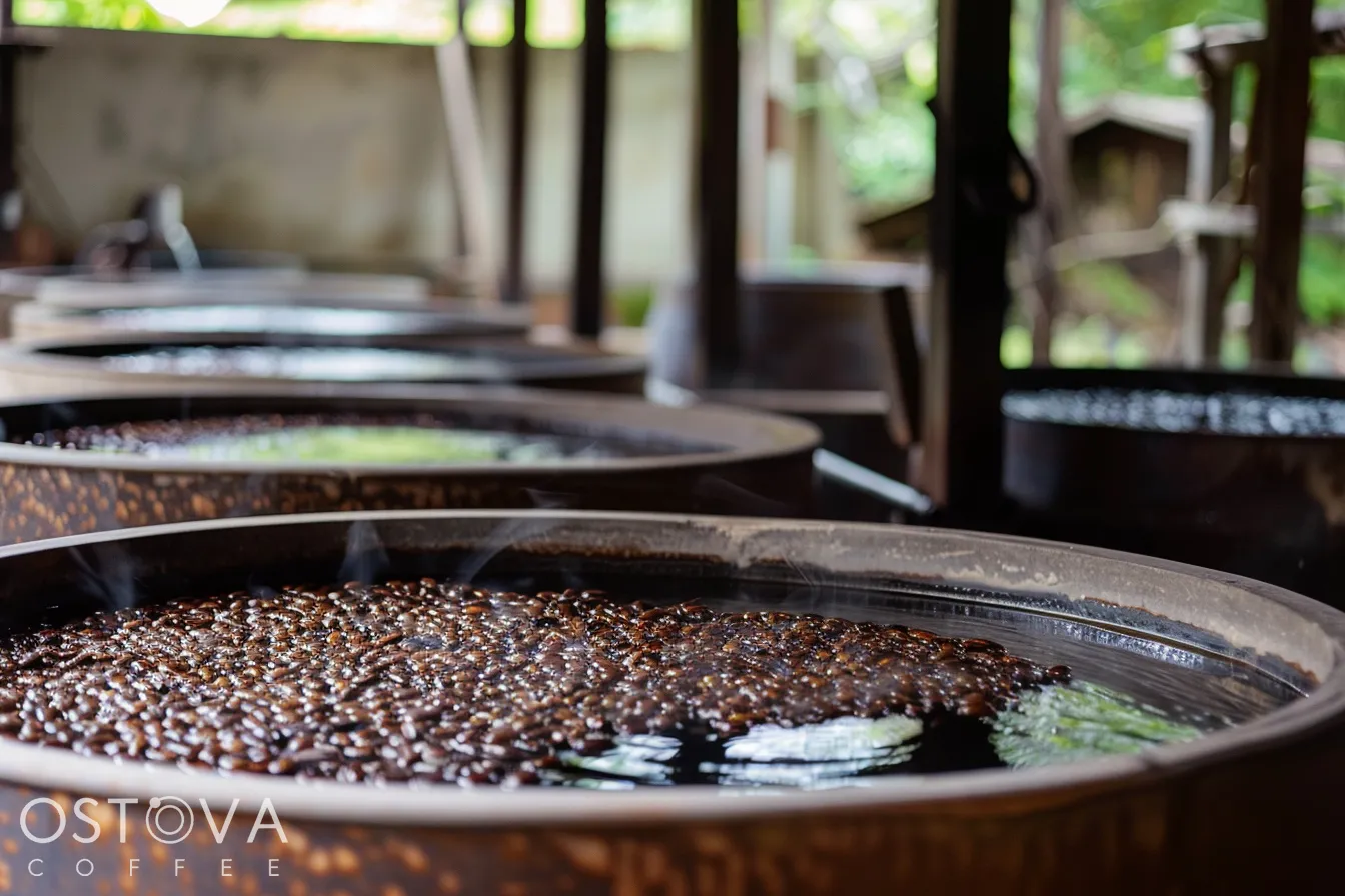 Coffee cherries undergoing fermentation in traditional wooden tanks