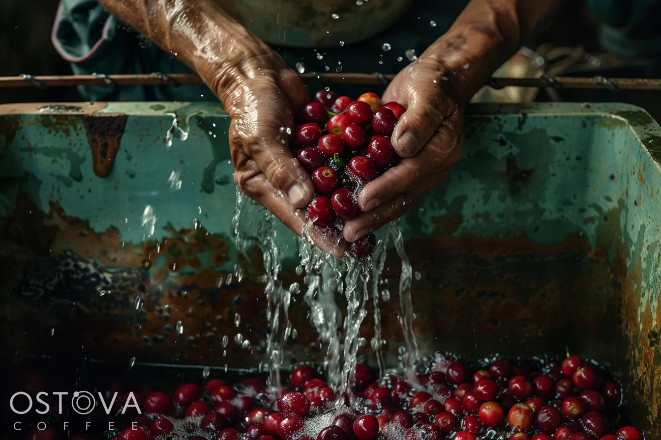  Farmer performing wet-hulling process on coffee beans