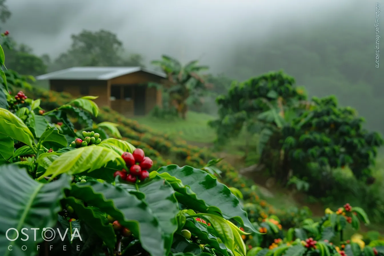  picturesque view of coffee plants growing in the fertile highlands of Ethiopia, with ripe coffee cherries ready for harvest.